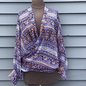Free People Solstice Shimmer Kimono Blue Patterned Top One Size Fits Most